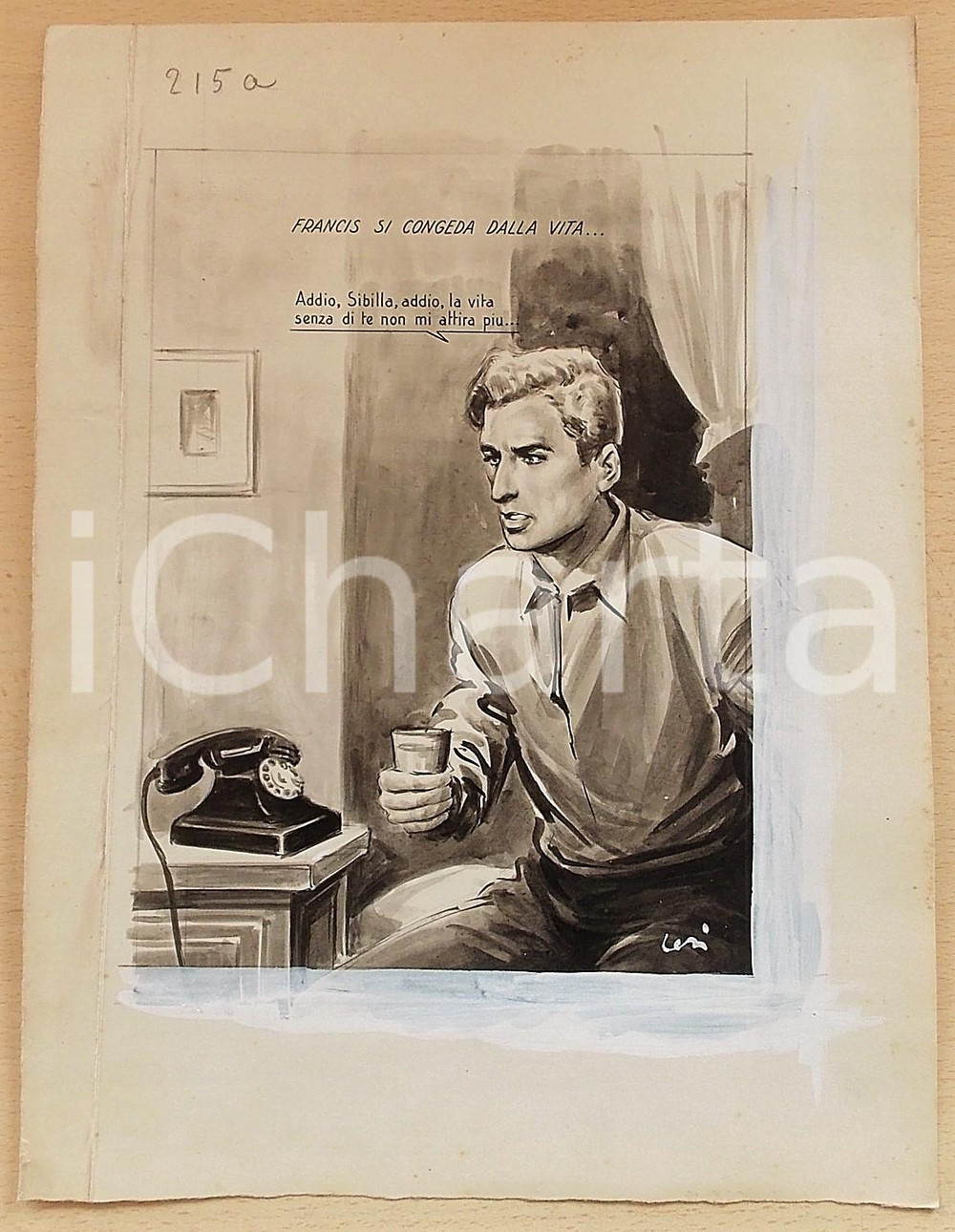 1955 ca BOZZETTO ORIGINALE Fidanzato tradito tenta il suicido Illustrazione CESI