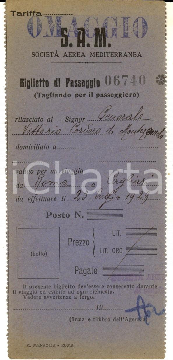 1929 S.A.M. SOCIETA' AEREA MEDITERRANEA Biglietto Roma-Cagliari OMAGGIO 
