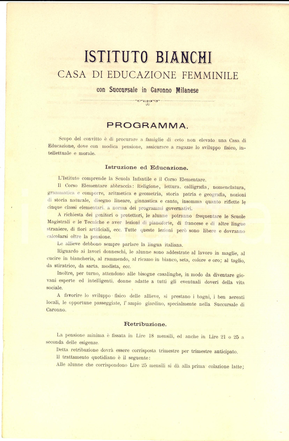 1890 ca CARONNO MILANESE Istituto BIANCHI Casa di educazione femminile PROGRAMMA