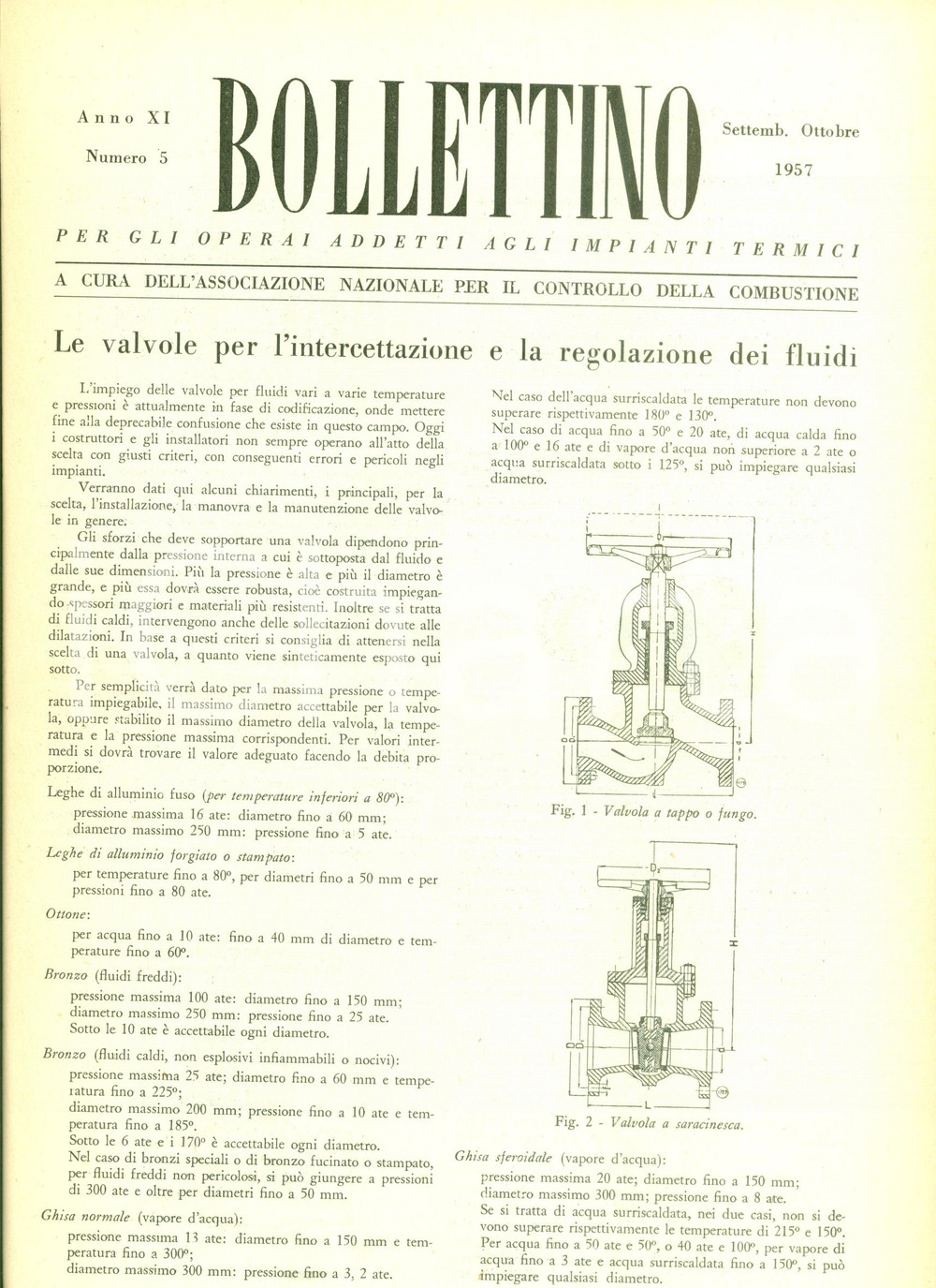 Giornale, rivista storica 1957 BOLLETTINO OPERAI IMPIANTI TERMICI Valvole per regolazione fluidi 1 1