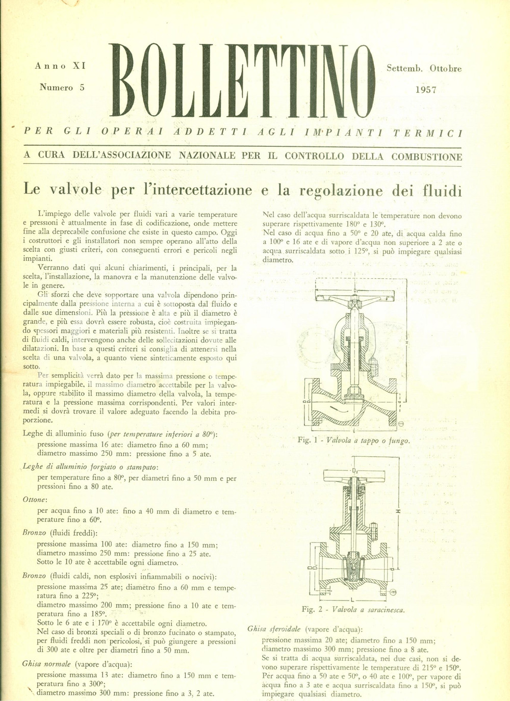Giornale, rivista storica 1957 BOLLETTINO OPERAI IMPIANTI TERMICI Valvole per regolazione fluidi 5 1