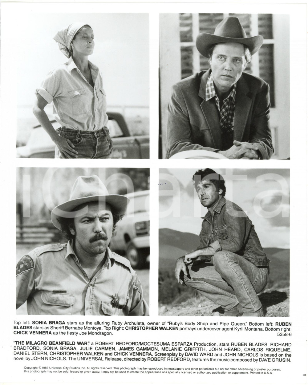 1988 CINEMA "The Milagro Beanfield War" Sonia BRAGA Ruben BLADES *Foto 20x25 cm Fotografia di agenzia.Nella fotografia compaiono anche Christopher Walken e Chick Vennera.CONDIZIONI: G (minime tracce di inchiostro blu nella parte centrale)FORMATO: 20x25 cm    originale e autentica 1