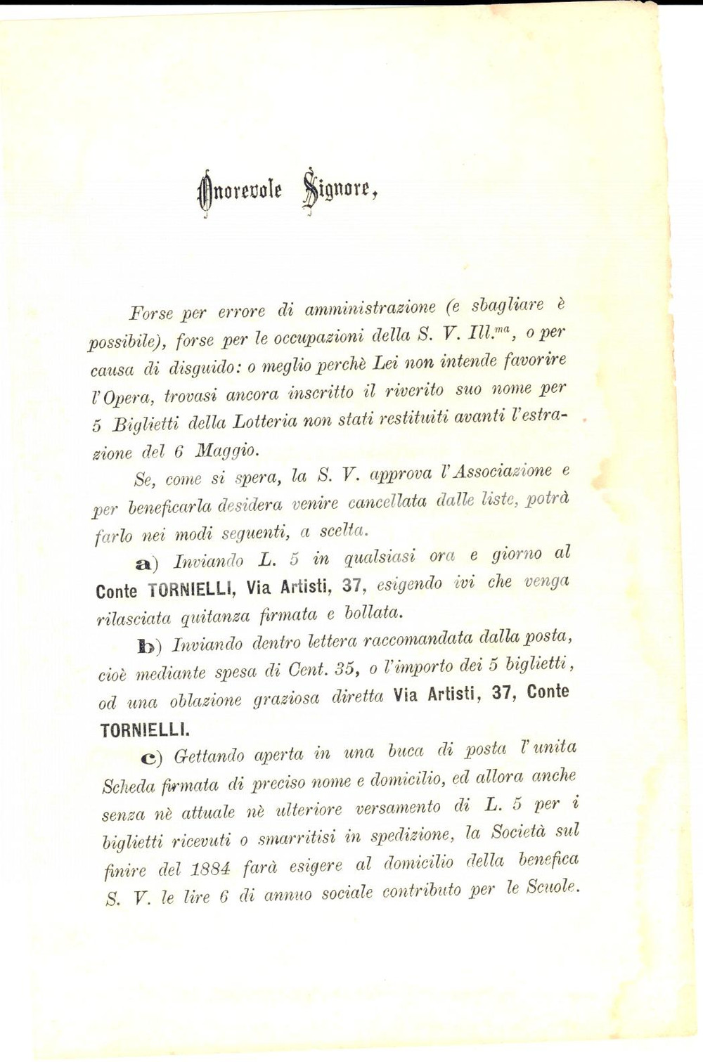 Documento originale, autentico 1884 TORINO Volantino acquisto lotteria pro scuole SAN CARLO per gli operai 1 1