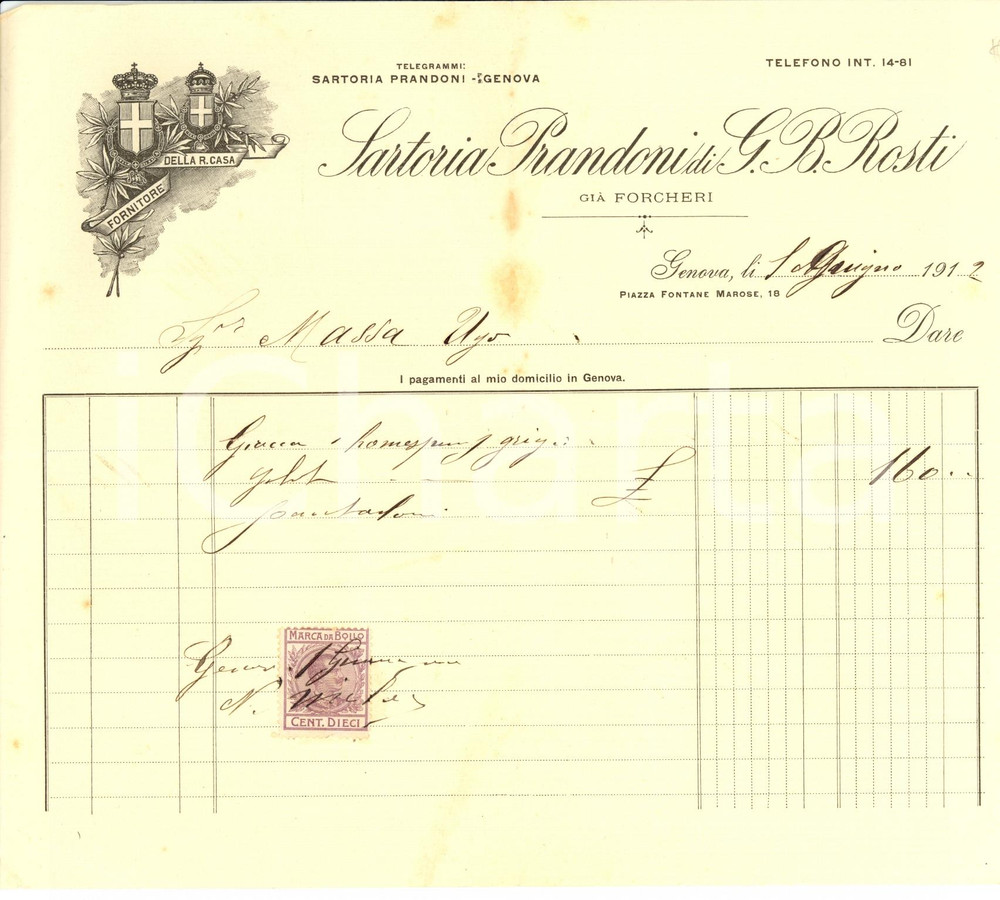 Documento originale, autentico 1912 GENOVA Sartoria PRANDONI di G. B. ROSTI giÃ  FORCHERI - Ricevuta 1