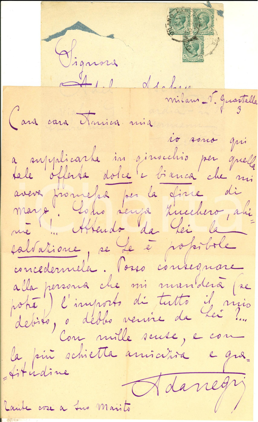 1919 MILANO Ada NEGRI ad Adele ASCHEI per l'offerta "dolce e bianca" AUTOGRAFO