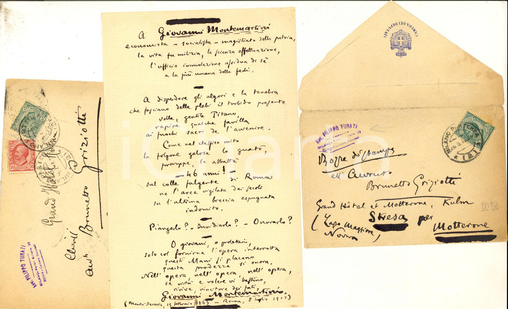 1913 MILANO Filippo TURATI - Bozza elogio di Giovanni MONTEMARTINI - AUTOGRAFO Documento interamente autografo di Filippo Turati, contenente la bozza di un testo in elogio di Giovanni Montemartini, indirizzato all'avv. Brunetto Griziotti per approvazione.Su una facciata si trova la bozza, sulla seconda la richiesta di un parere a Griziotti.Timbro sul foglio e sulle buste dello studio Turati. Le buste recano lo stemma della Camera dei Deputati.CONDIZIONI: FAIR (piegature d'epoca)PAGINE: 1 (2 facciate)FORMATO: 21x13 cm     originale e autentica 1