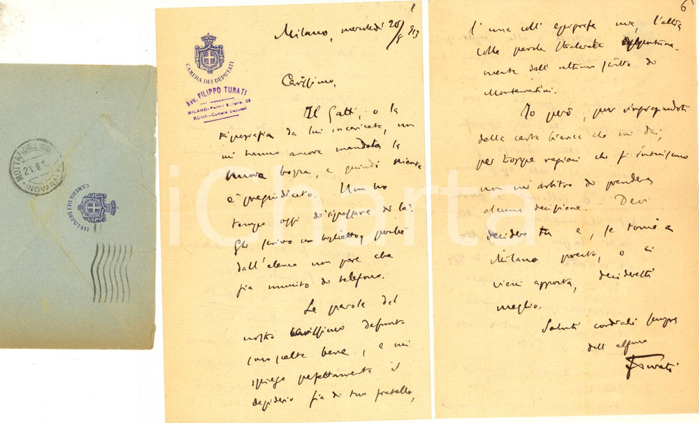 1913 MILANO Filippo TURATI e le onoranze per Giovanni MONTEMARTINI - AUTOGRAFO Lunga lettera, interamente autografa, di Filippo Turati, relativa alla commemorazione di Giovanni Montemartini, in occasione della quale aveva gi&agrave; scritto un'epigrafe. Turati si preoccupa per la forma da individuare, con cartolina, ritratto e testo.Indirizzata all'avv. Brunetto Griziotti.Timbro sulla busta dello studio Turati. Carta intestata della Camera dei Deputati.CONDIZIONI: FAIR (piegature d'epoca)PAGINE: 6 facciateFORMATO: 21x13 cm     originale e autentica 1