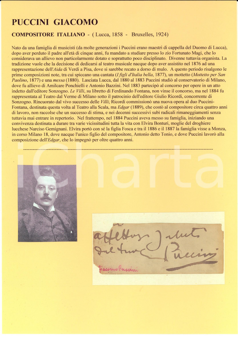1890 ca Giacomo PUCCINI compositore - AUTOGRAFO su carta (frammento) Autografo di Giacomo Puccini, estratto da lettera e montato su cartoncino, con ritratto e biografia. CONDIZIONI: G FORMATO: 11x4,5 cm (frammento)    originale e autentica 1