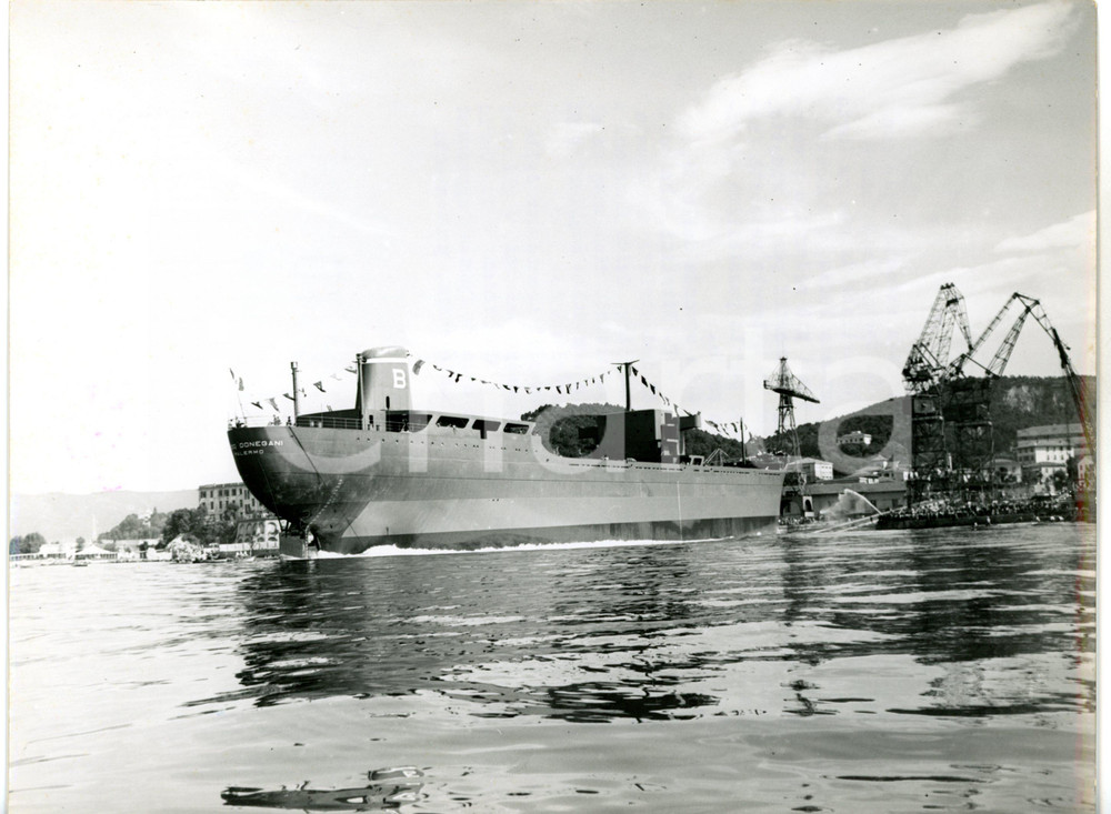 1955 LA SPEZIA - ANSALDO Varo motonave GUIDO DONEGANI - La discesa in mare *Foto  Fotografia d'epoca con didascalia coeva al verso.   CONDIZIONI: G FORMATO: 24x18 cm     originale e autentica 1