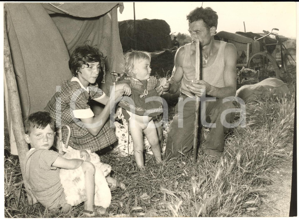 1957 ALLUVIONE POLESINE Famiglia di sfollati sotto una tenda - Foto 18x13  Fotografia d'epoca con didascalia coeva.  CONDIZIONI: FAIR (sovraimpressione circolare)FORMATO:  18x13 cm     originale e autentica 1
