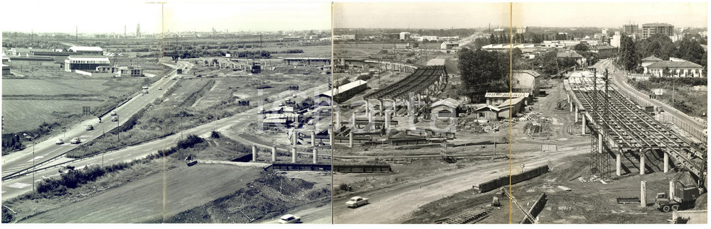 1964 MILANO AUTOSTRADE Costruzione del QUADRIVIO FIORENZA - Foto QUADRUPLA 65x21 Fotografia d'epoca, composta da quattro fotografie unite da adesivo al verso.Didascalia dattiloscritta coeva. CONDIZIONI: G FORMATO:  60x15 cm    originale e autentica 1