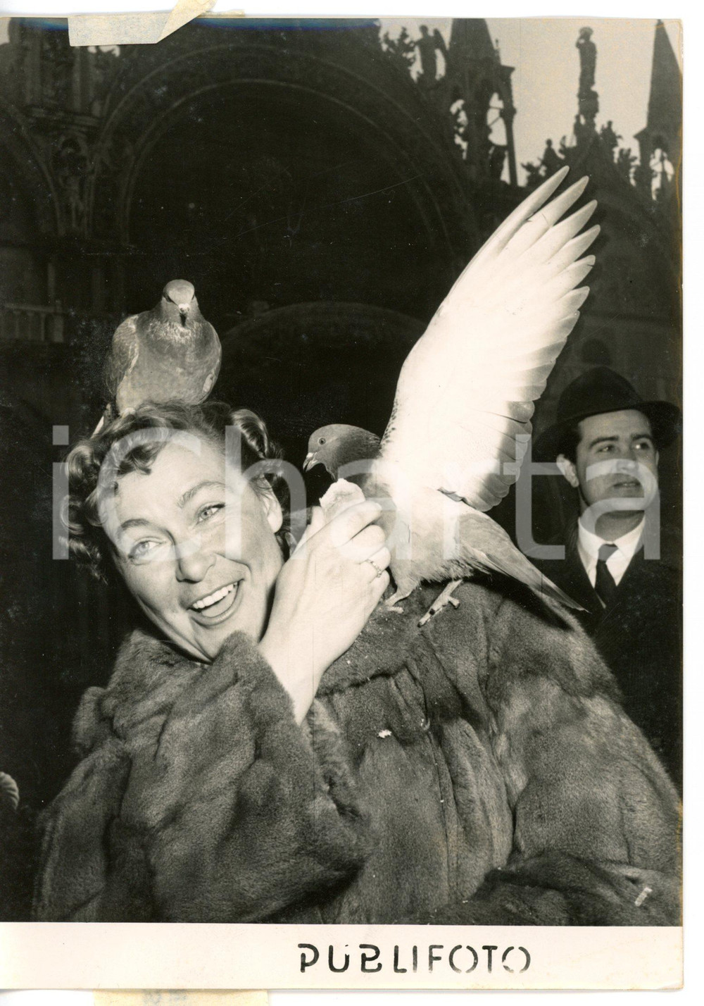 1956 VENEZIA Piazza San Marco - Klavdia KOROTKOVA assediata dai piccioni *Foto Fotografia d'epoca con didascalia coeva al verso. CONDIZIONI: GFORMATO: 13x18 cm     originale e autentica 1