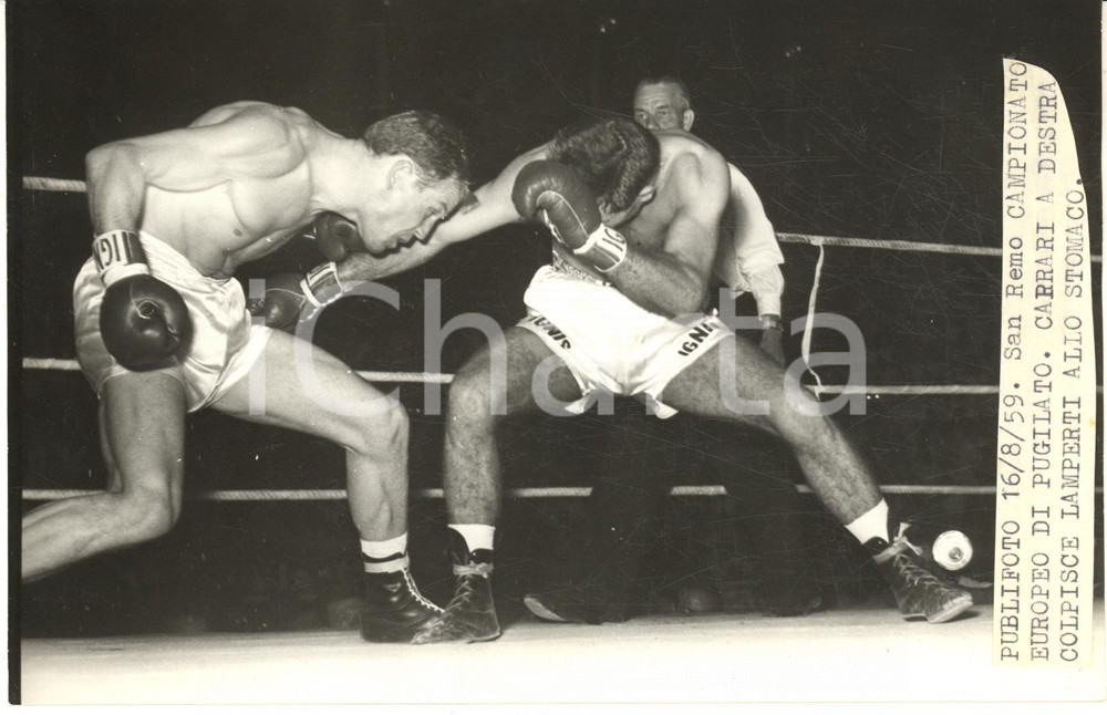 1959 SANREMO Europei PUGILATO - Sergio CAPRARI colpisce Gracieux LAMPERTI *Foto