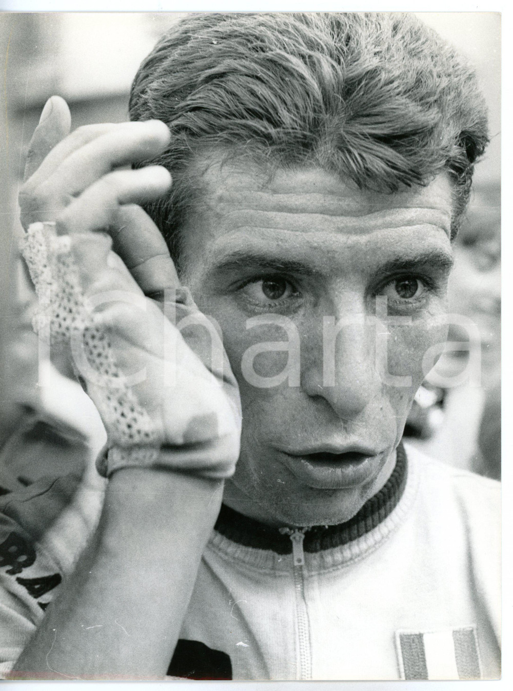 1967 CICLISMO GIRO D'ITALIA - UDINE Ritratto di Felice GIMONDI *Foto 18x24 cm Fotografia d'epoca con didascalia coeva.  CONDIZIONI: FAIR (difetti di stampa; strappetto al margine inferiore) FORMATO: 18x24 cm     originale e autentica 1