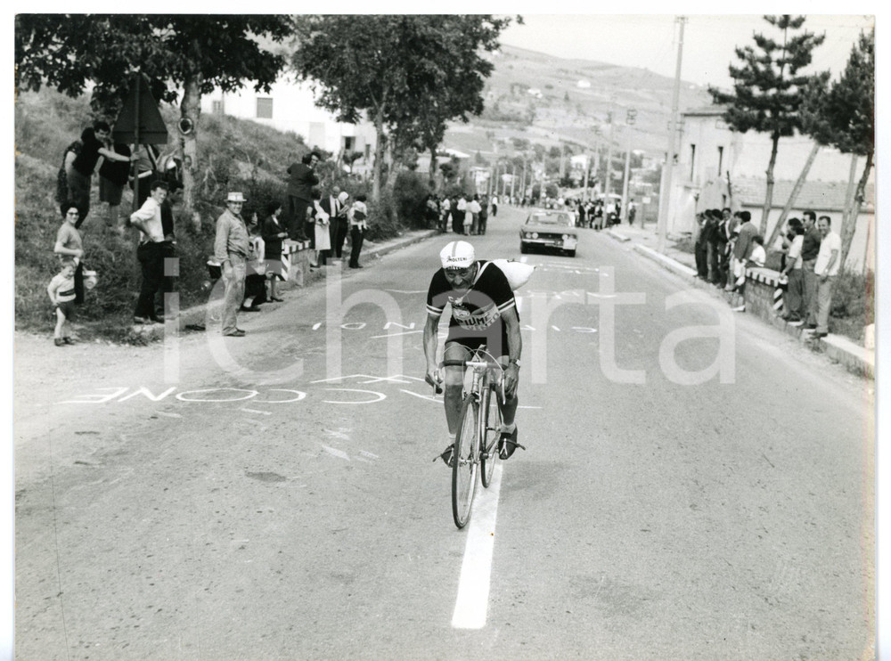 1967 GIRO D'ITALIA Ciclista in maglia nera prende parte alla gara - Foto 24x18 Fotografia d'epoca con didascalia coeva.  CONDIZIONI: G FORMATO: 24x18 cm     originale e autentica 1