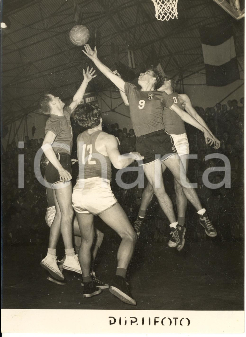1955 ca MILANO BASKET Partita BELGIO-ITALIA 83-71 Jacques BRICHANT in azione 