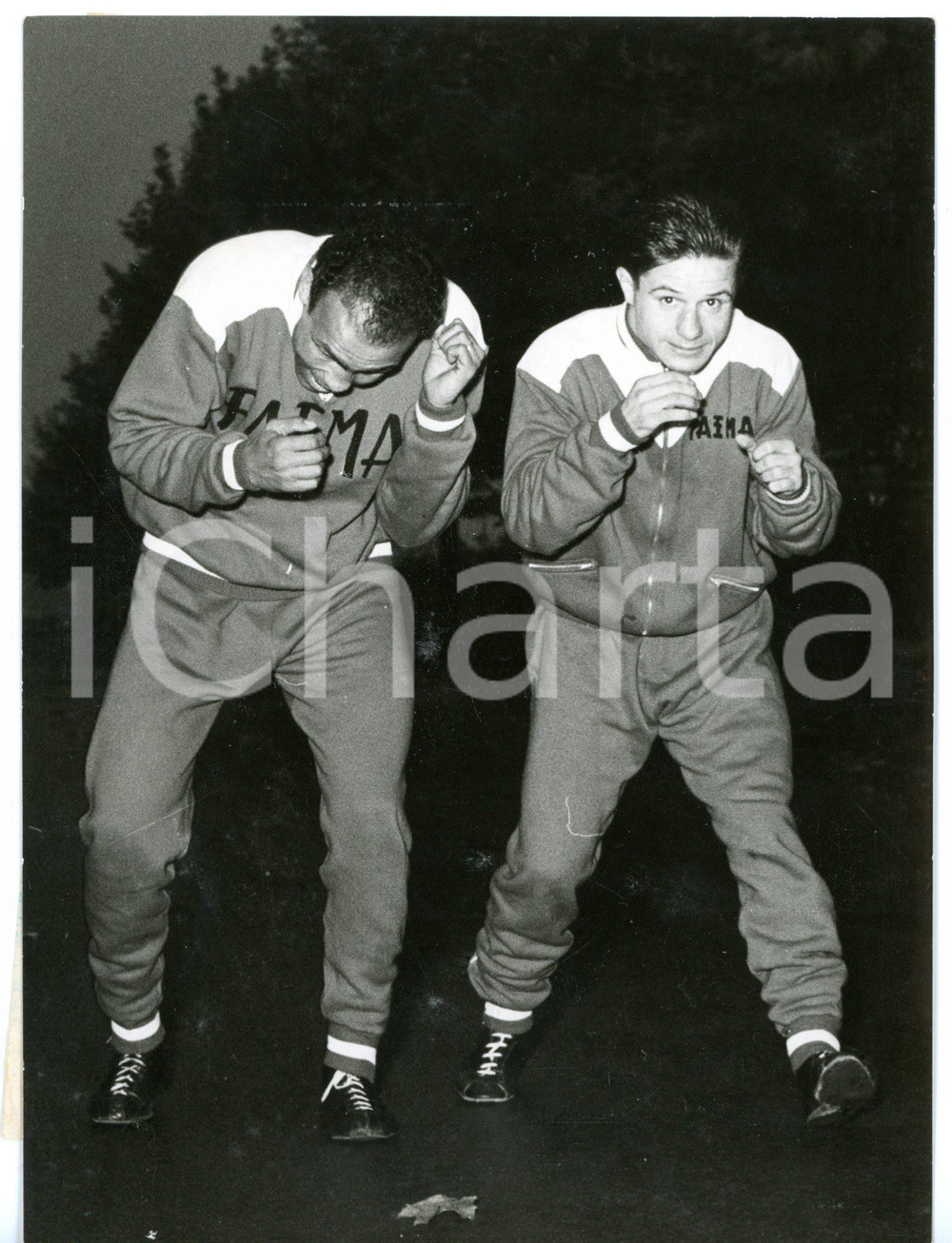 1956 MILANO BOXE Juan CARDENAS e Abdeslam BEN BUKER si allenano al Parco Lambro Fotografia d'epoca con didascalia coeva.  CONDIZIONI: G (ma lievi sovraimpressioni) FORMATO: 13x18 cm     originale e autentica 1