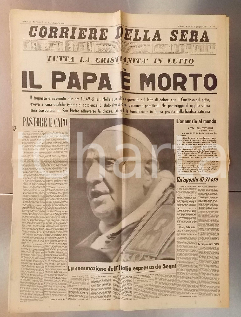Giornale, rivista storica 1963 CORRIERE DELLA SERA Morte di papa Giovanni XXIII  Giornale nÂ°126 1