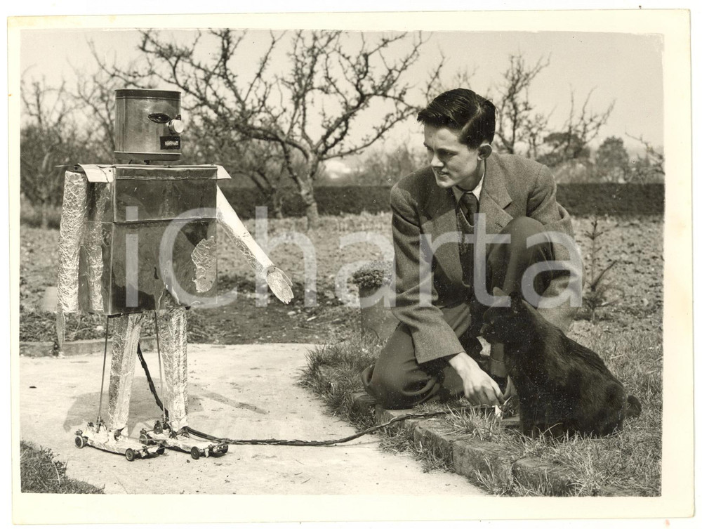 1955 ALPHINGTON (UK) Frank GRIMES' cat looking on his home-made robot walking