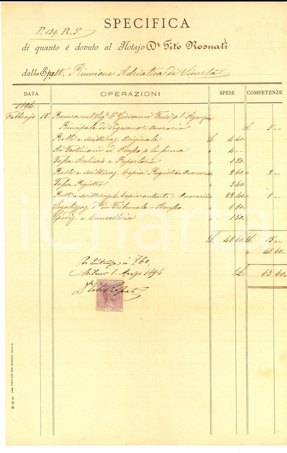 Documento originale, autentico 1894 MILANO Conto del notaio Tito ROSNATI Manoscritto 1