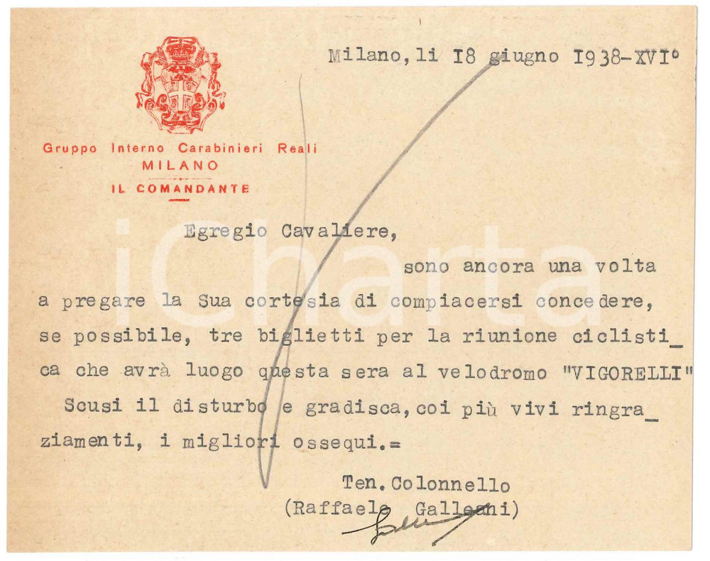 Autografo originale 1938 MILANO CARABINIERI Comandante Raffaele GALLEANI  Biglietto AUTOGRAFO 1