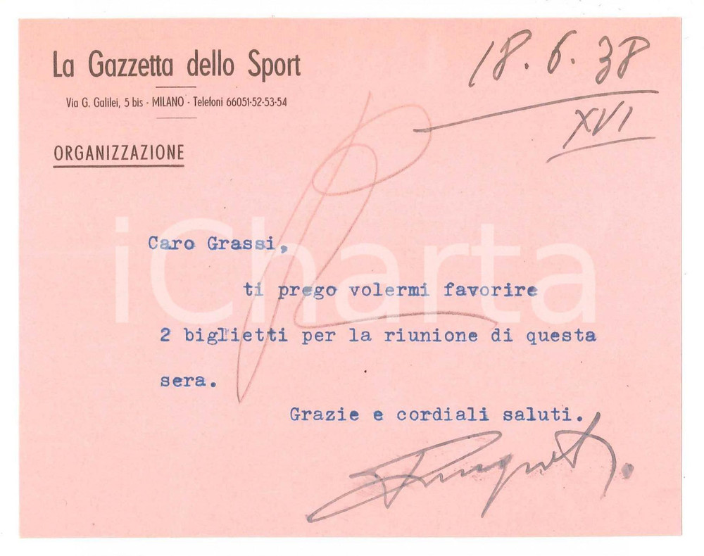 Documento originale, autentico 1938 MILANO  LA GAZZETTA DELLO SPORT Organizzazione  Biglietto 1
