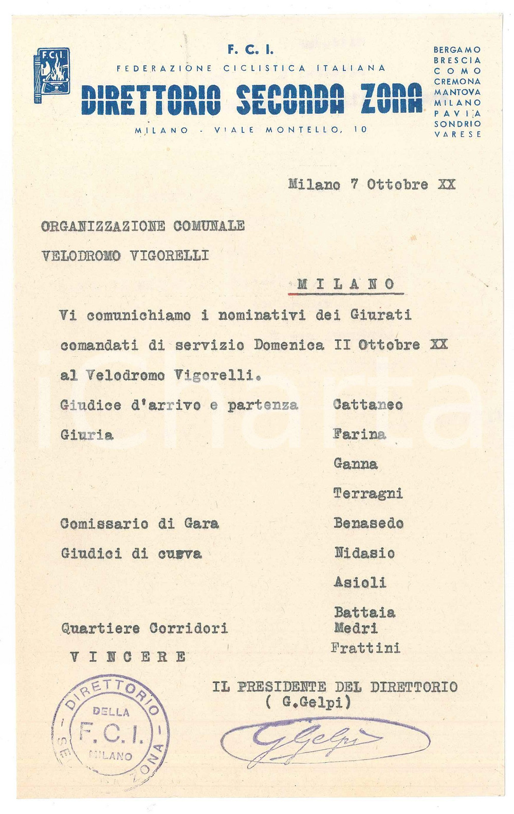 Documento originale, autentico 1942 F.C.I. CICLISMO MILANO Lettera Direttorio Seconda Zona  Giurati gara 1