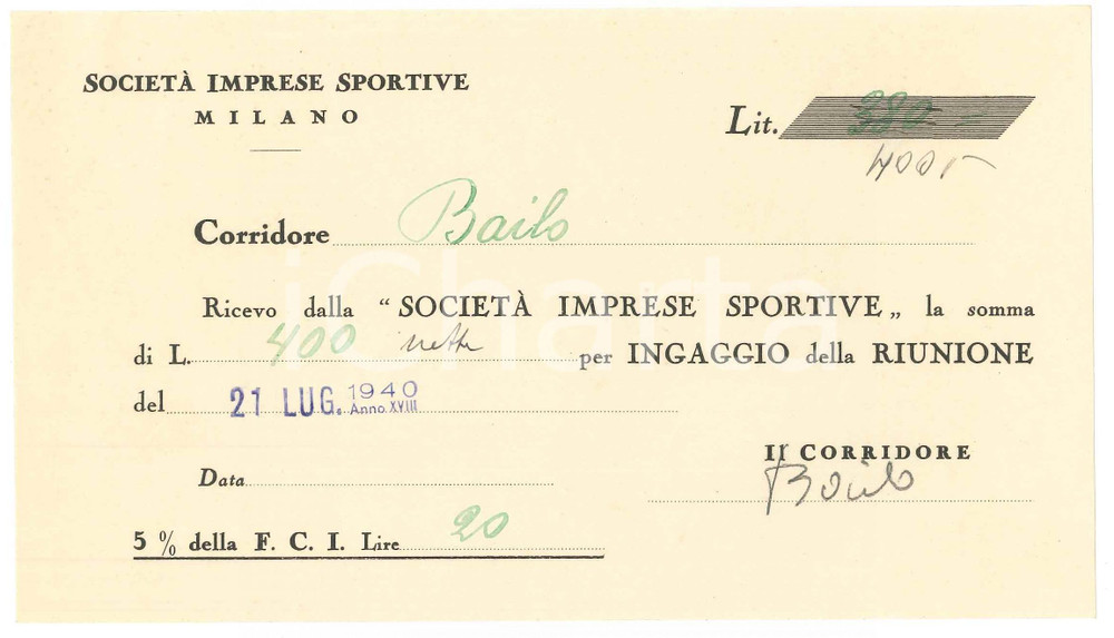 Autografo originale 1940 CICLISMO MILANO Ricevuta Osvaldo BAILO per ingaggio VIGORELLI AUTOGRAFO 1