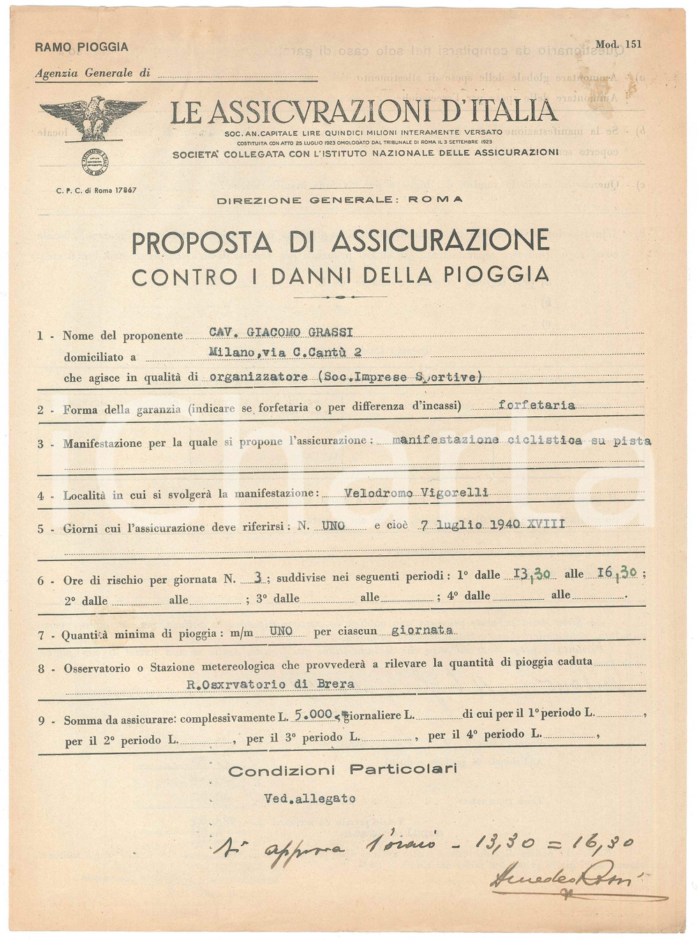 Documento originale, autentico 1940 ASSICURAZIONI D ITALIA Preventivo assicurazione pioggia per gara CICLISMO 1