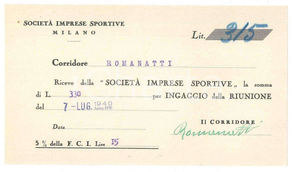 Autografo originale 1940 CICLISMO MILANO Ricevuta Carlo ROMANATTI ingaggio VIGORELLI Autografo 1