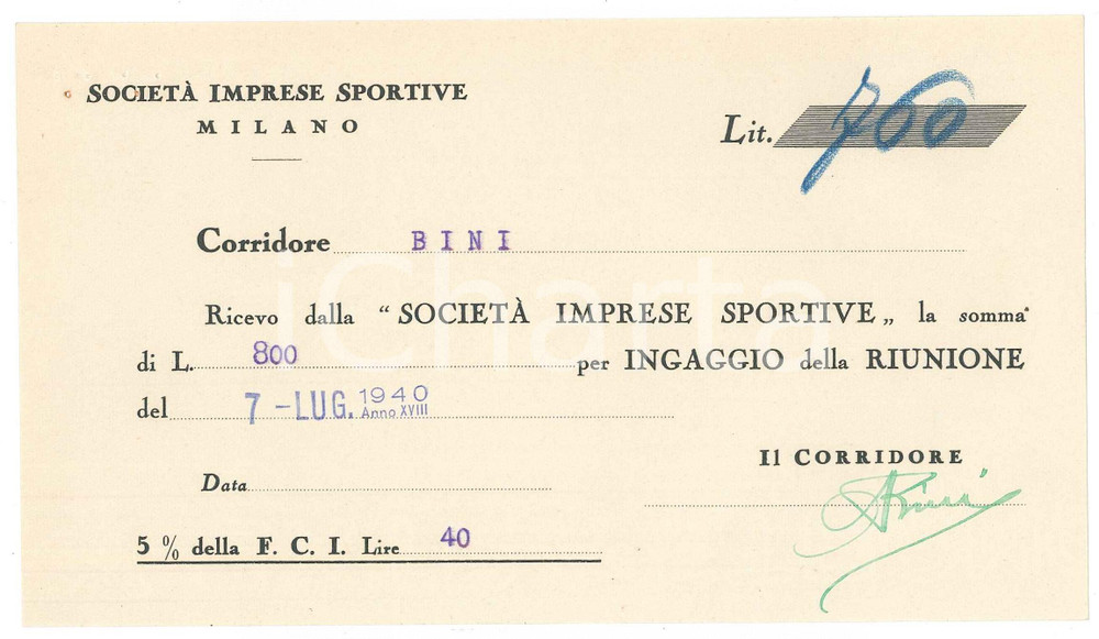 Autografo originale 1940 CICLISMO MILANO Ricevuta Aldo BINI  Ingaggio VIGORELLI Autografo 1