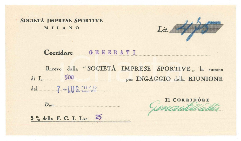 Autografo originale 1940 CICLISMO MILANO Ricevuta Walter GENERATI  Ingaggio VIGORELLI Autografo 1