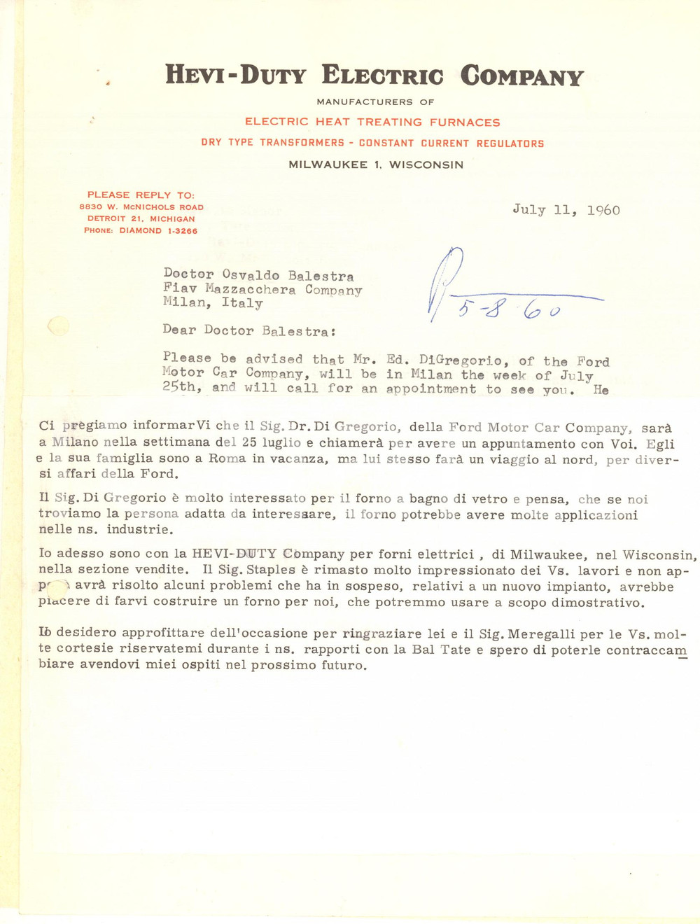 Documento originale, autentico 1960 DETROIT Lettera E. F. TATE ELLIOTT  HeviDuty Electric Company Autografo 1