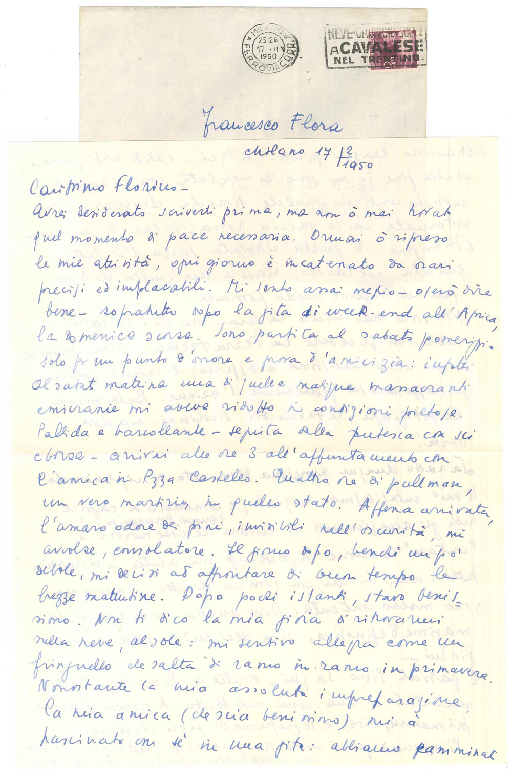 Autografo originale 1950 MILANO Lettera Adriana GHERARDI in gita sulla neve AUTOGRAFO 1
