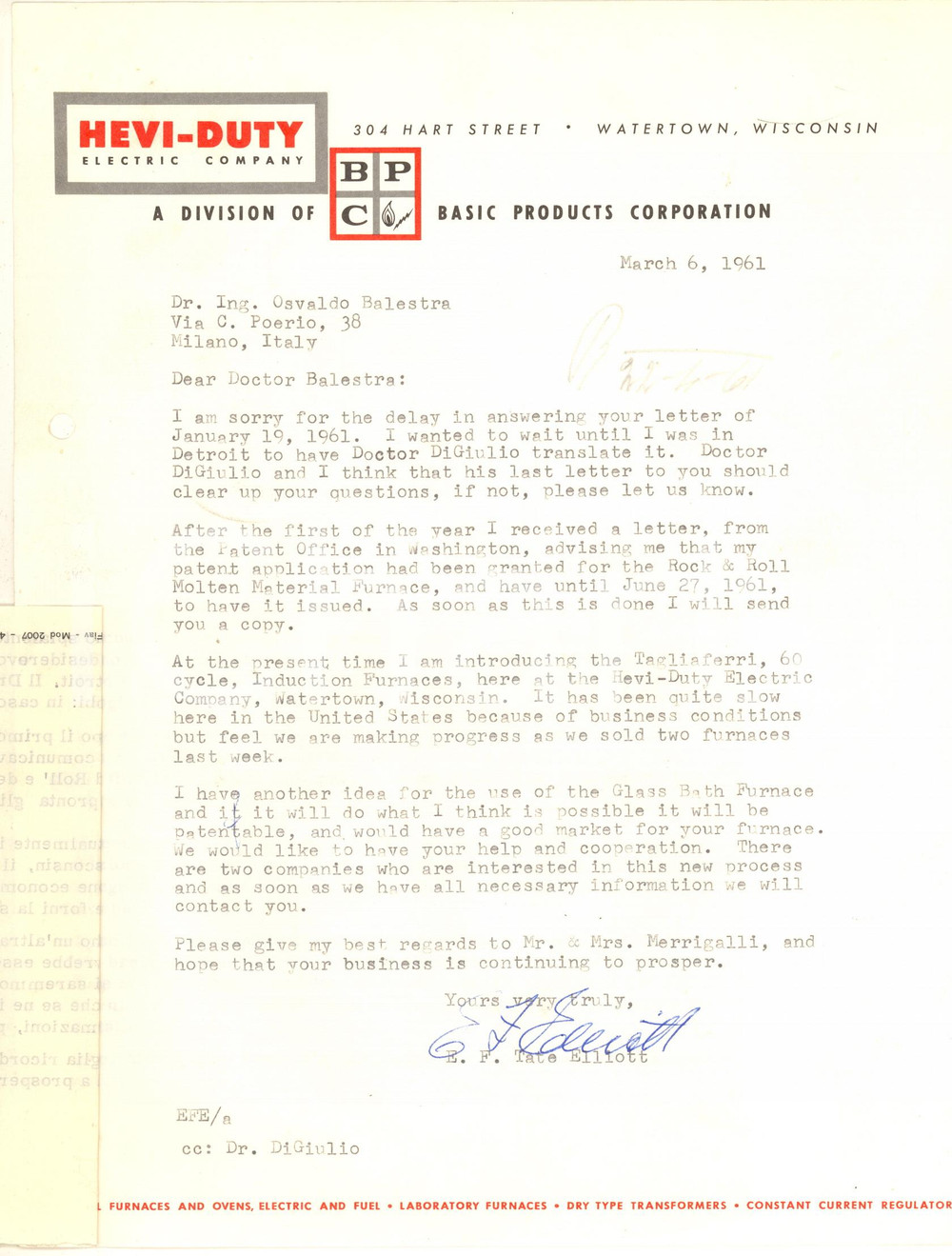 Autografo originale 1961 WATERTOWN Lettera E. F. TATE ELLIOTT HeviDuty Electric Company Autografo 1