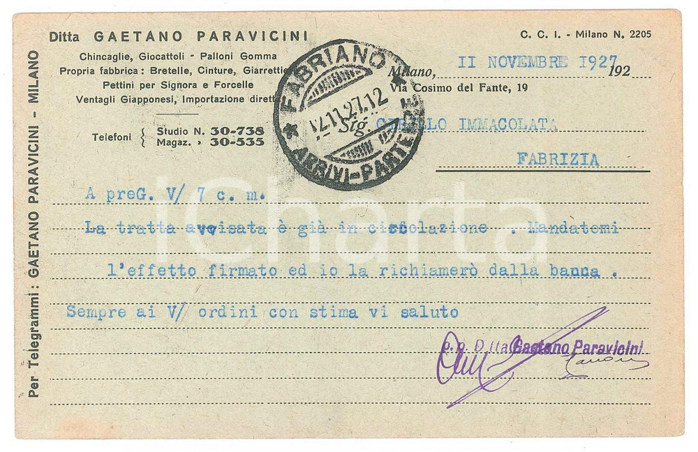 Cartolina originale da collezione 1927 MILANO Ditta Gaetano PARAVICINI Giocattoli e palloni in gomma  Cartolina 1