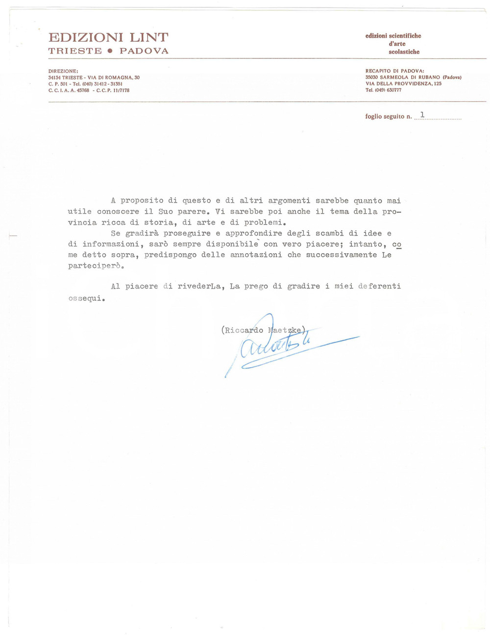 Autografo originale 1976 TRIESTE Riccardo MAETZKE su cultura padovana  Edizioni LINT AUTOGRAFO 1