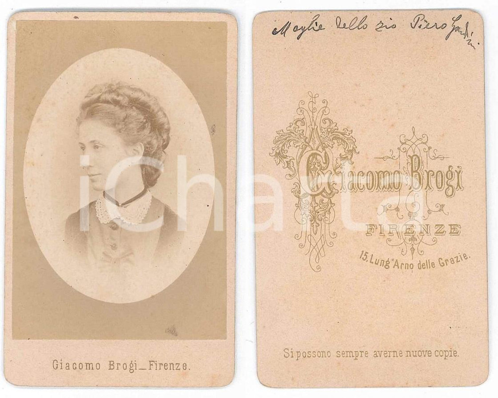 Fotografia d epoca originale 1875 ca FIRENZE Famiglia GANDINI  Ritratto di donna Foto Giacomo BROGI CDV 1