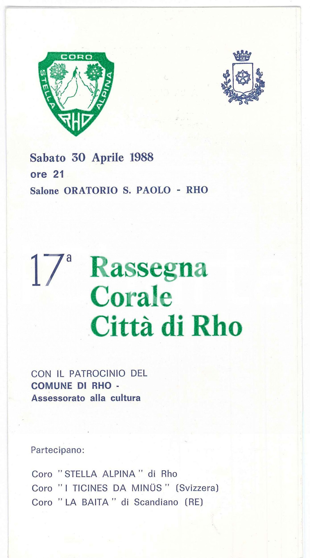 Materiale pubblicitario d’epoca 1988 RHO 17 Rassegna Corale CITTA  DI RHO  Oratorio S. PAOLO  Programma 1