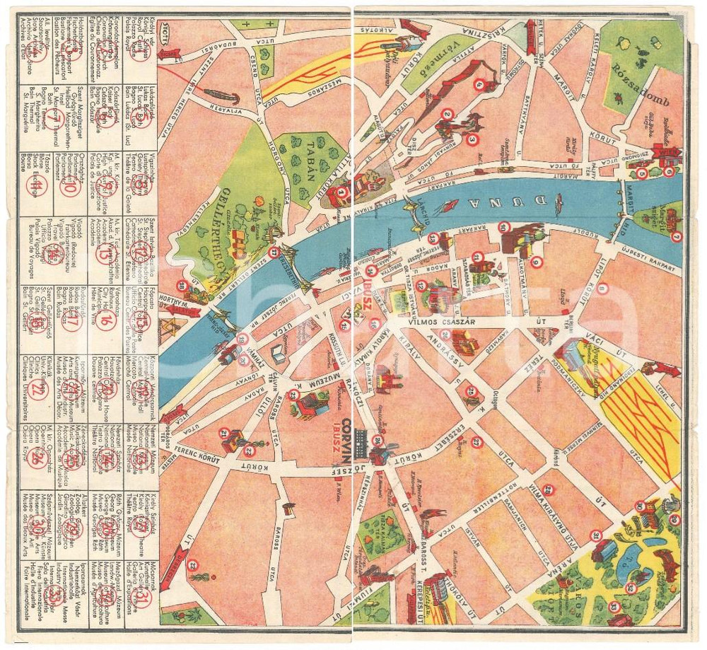 Mappa, planimetria storica 1950 ca TURISMO BUDAPEST UNGHERIA Mappa della cittÃ   Pubblicitaria CORVIN 1