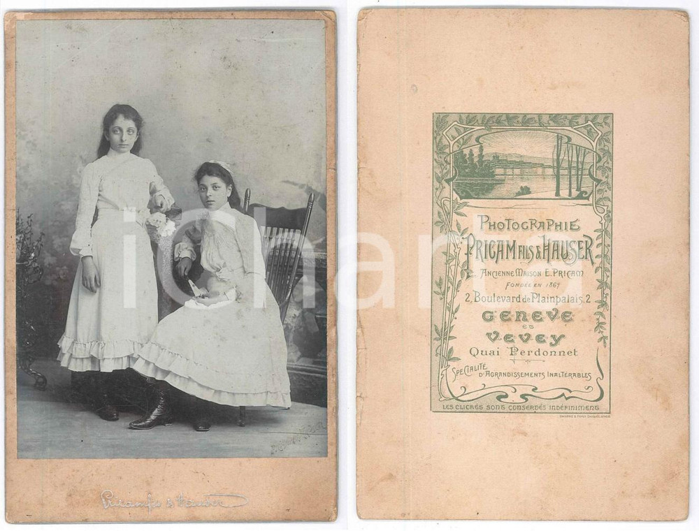 Fotografia d epoca originale 1905 ca SUISSE Portrait de deux soeurs en robe blanche  Photo PRICAM & HAUSER 1