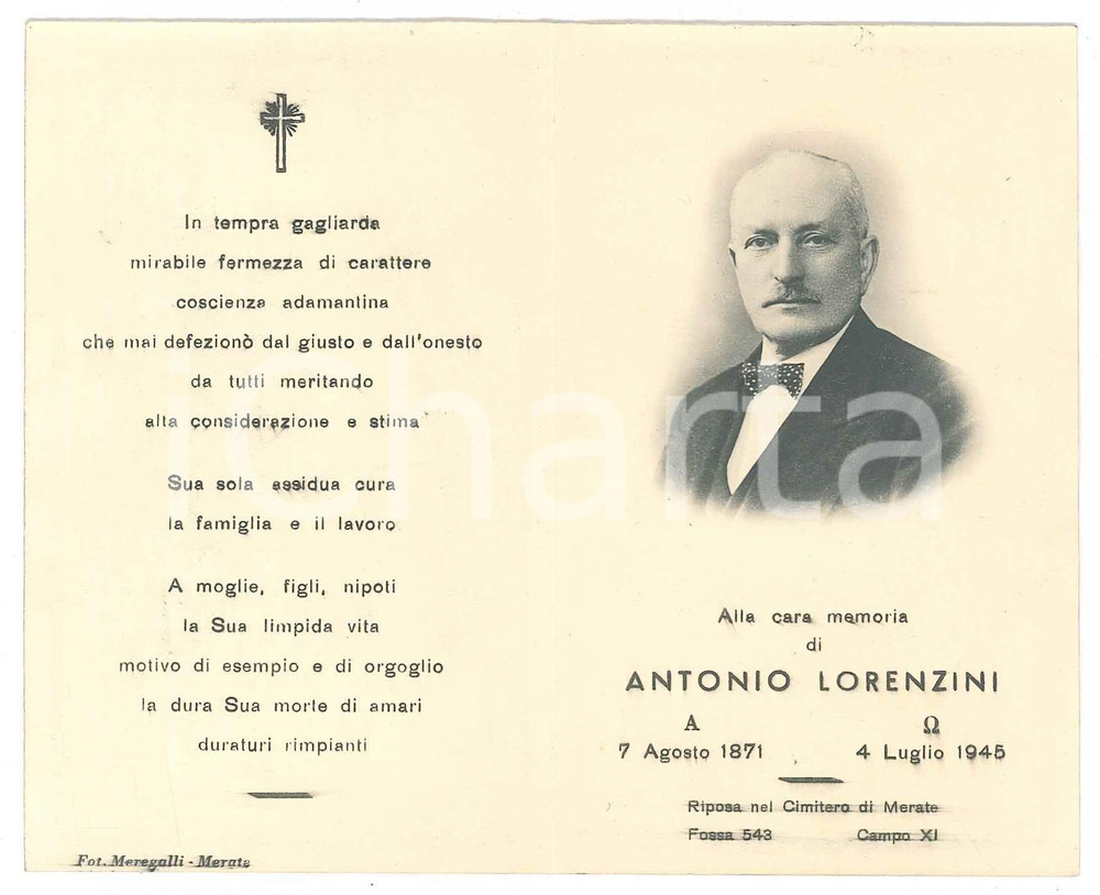 Oggetto da collezione cartaceo 1945 MERATE LC In memoria di Antonio LORENZINI Santino ILLUSTRATO 7x11 cm 1