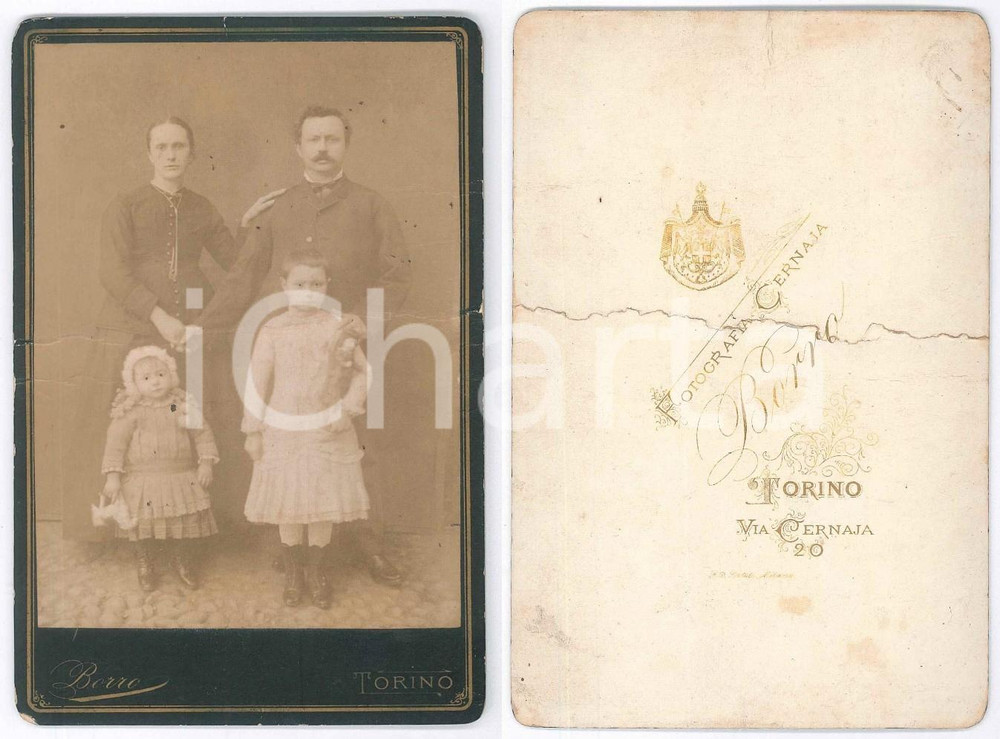 Fotografia d epoca originale 1880 ca TORINO Ritratto di famiglia con due bambine  Foto BORRO DANNEGGIATA 1
