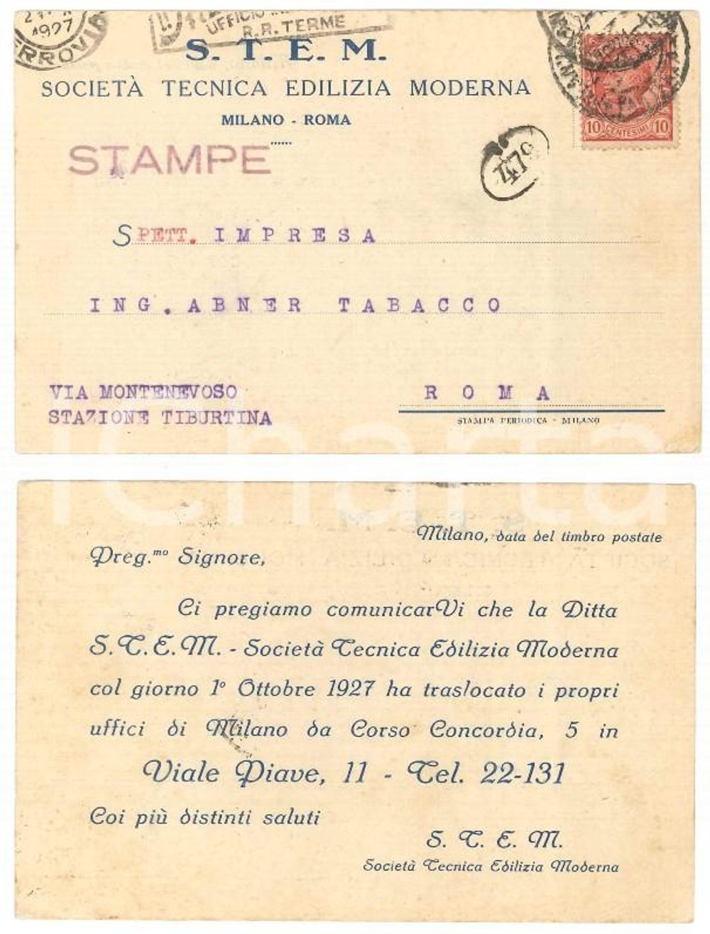 Cartolina originale da collezione 1927 MILANO Viale Piave 11  STEM SocietÃ  Tecnica Edilizia Moderna  Cartolina 1