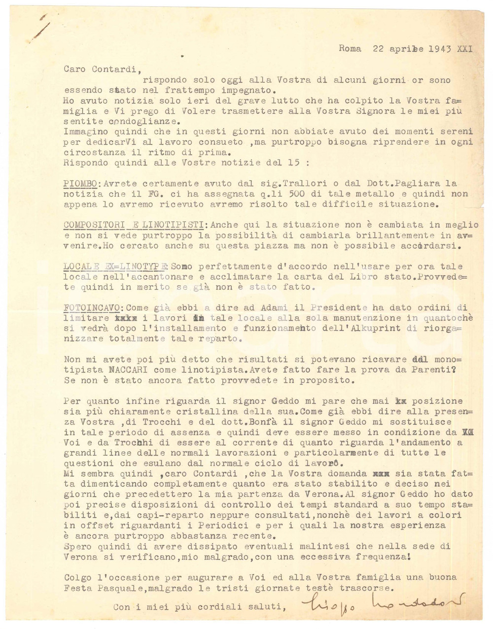Autografo originale 1943 ROMA Lettera Giorgio MONDADORI ad Alfredo CONTARDI Autografo 1