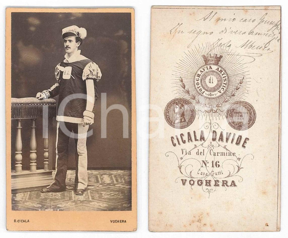 Fotografia d epoca originale 1870 ca TEATRO VOGHERA Alberico ISOLA in costume di scena Foto RARA CICALA 1