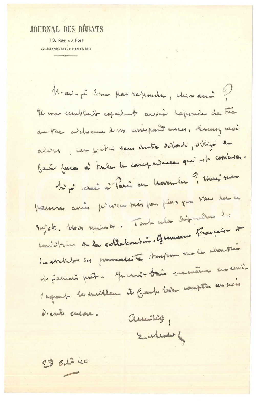 Autografo originale 1940 CLERMONTFERRAND Etienne BANDY DE NALECHE sul ritorno a Parigi Autografo 1