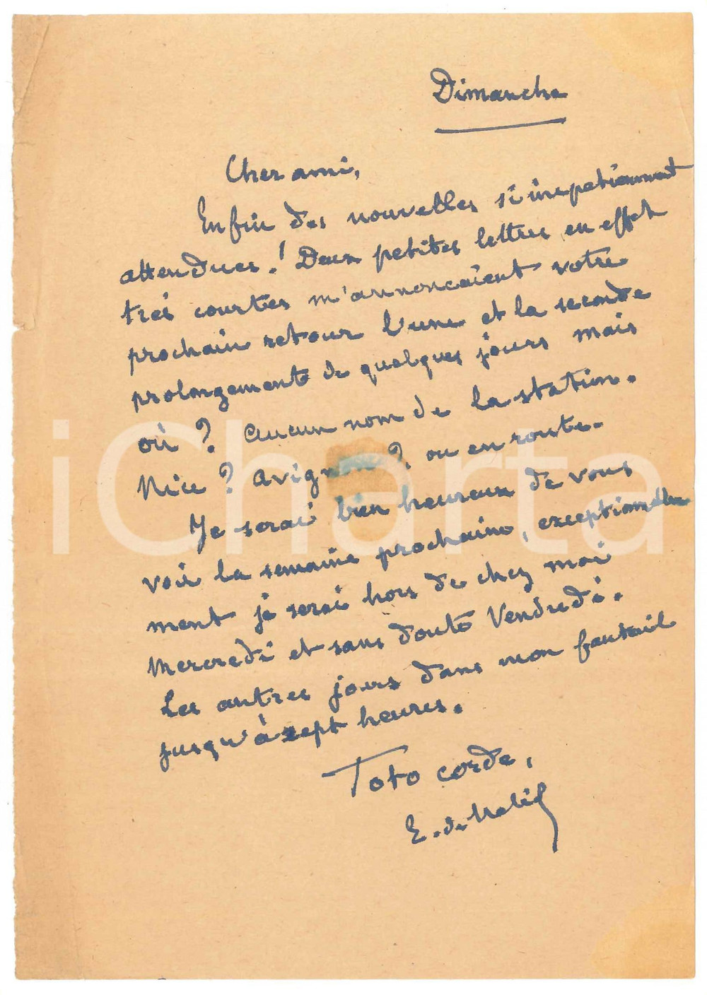 Autografo originale 1945 ? Lettera Etienne BANDY DE NALECHE in attesa di un amico Autografo 1