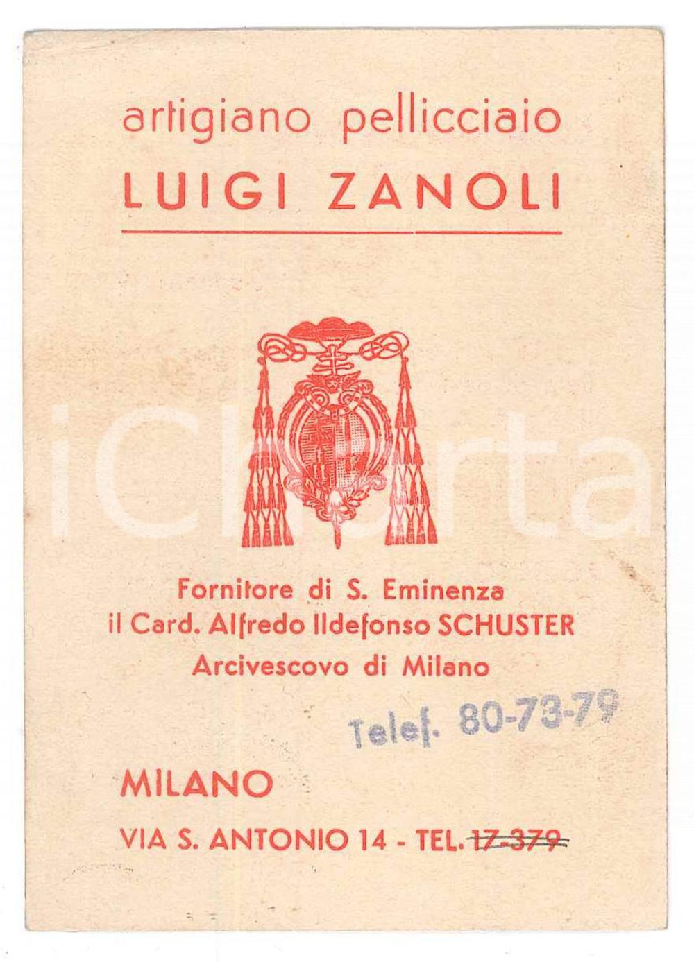 Oggetto da collezione cartaceo 1935 MILANO Pellicciaio Luigi ZANOLI Fornitore del Card. Ildefonso SCHUSTER 1