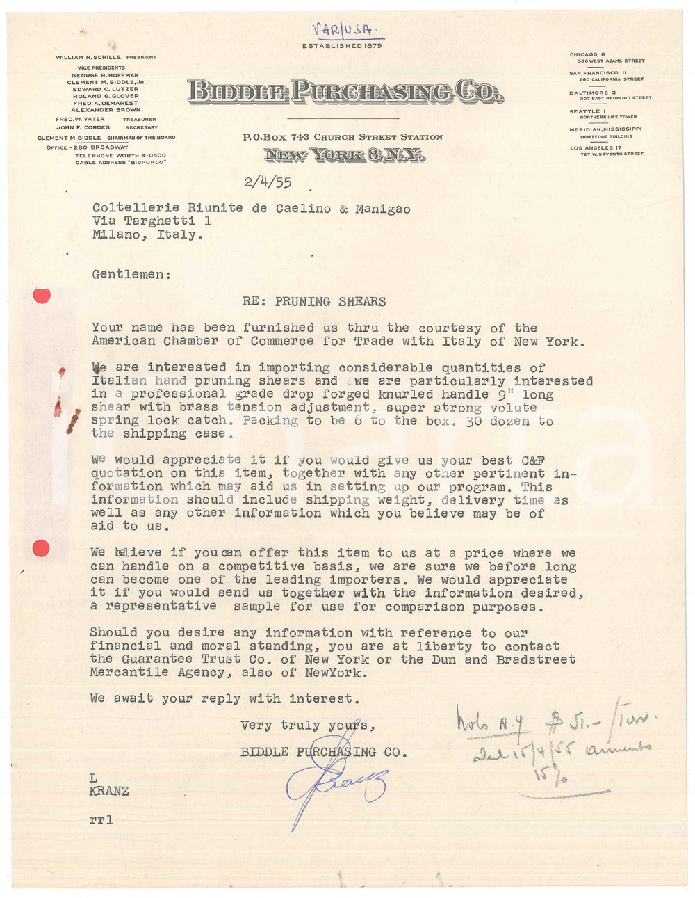 Documento originale, autentico 1955 NEW YORK  BIDDLE PURCHASING  Importing pruning shears  Letter 1